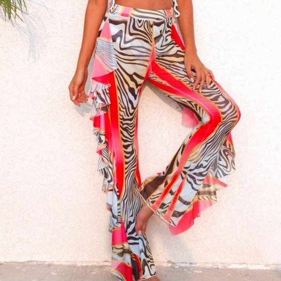 Callie Wild: Zebra Stripe Mesh Ruffle Beach Coverup Animal Print Pants - Picture 9 of 15